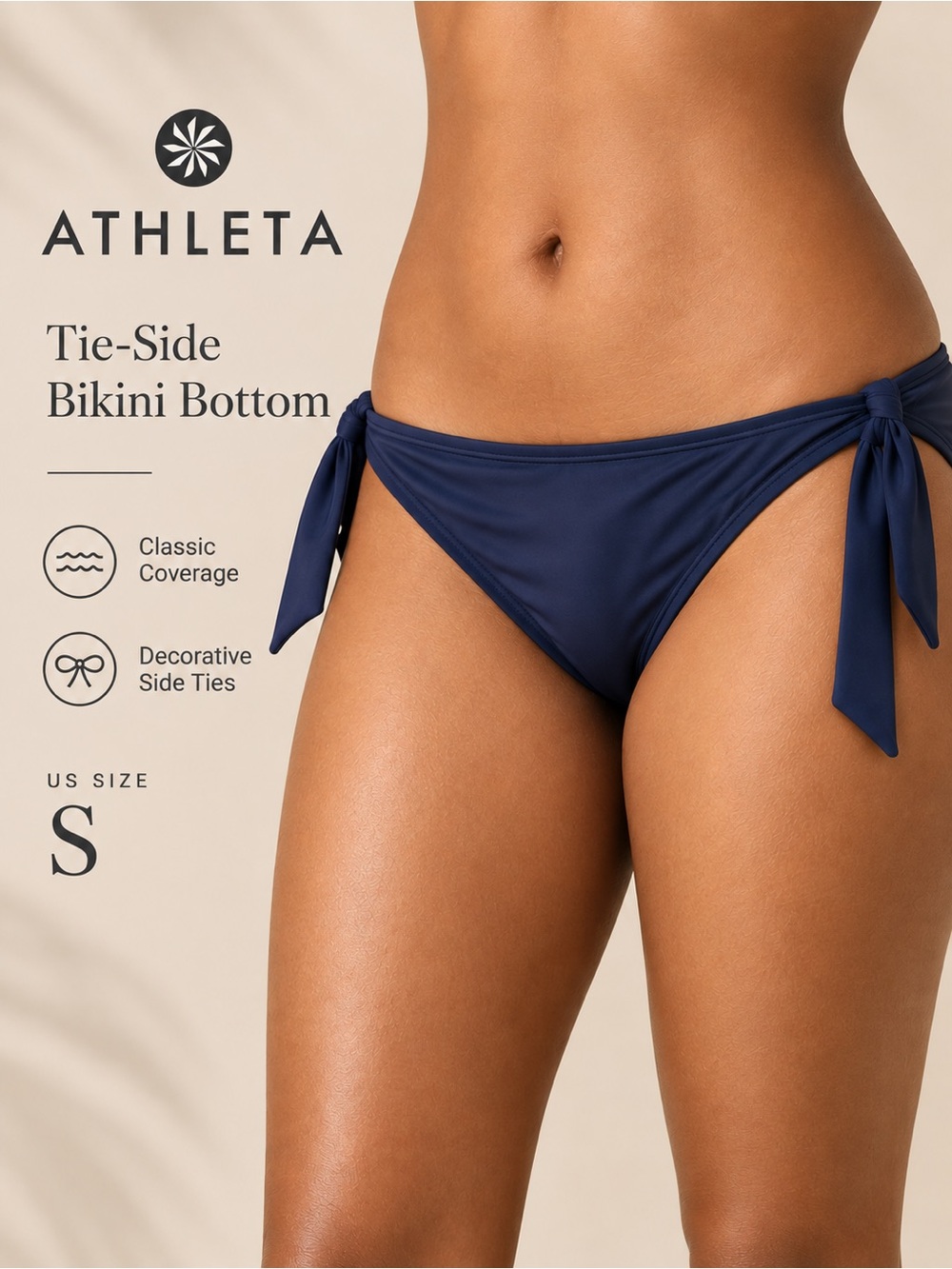 Athleta Tie-Side Bikini Bottom Medium Tide Navy Size S NWT